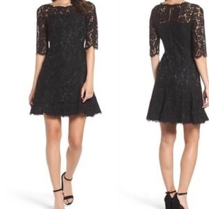 Eliza J Size 12 Black Lace Fit And Flare 3/4 Sleeve Formal Cocktail Dress